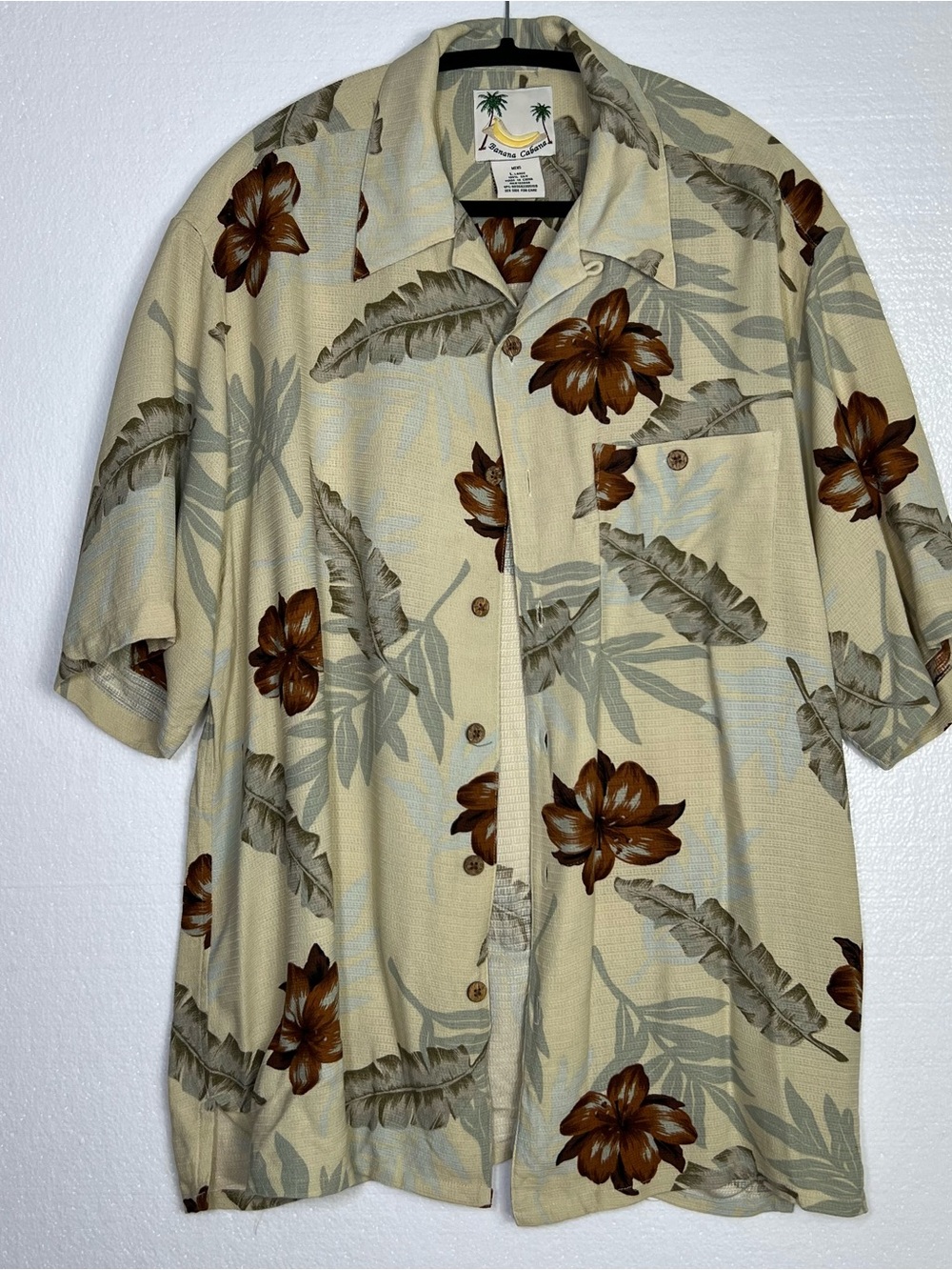 Banana Cabana 100% Silk Hawaiian Shirt Men’s L Beige Brown Floral Tropical